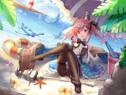Rule 34 | 1girl, ahoge, aircraft, airplane, armpits, azur lane, bare shoulders, beach, black bow, black pantyhose, black ribbon, blue sky, blush, bow, breasts, bucket, cameltoe, clam shell, cloud, commentary request, dated, day, dress, elbow gloves, eyes visible through hair, feet, flight deck, floating hair, flower, gloves, hair between eyes, hair bow, hair ribbon, hairband, hand on own chest, hand on own head, head tilt, highres, knees together feet apart, knees up, lighthouse, long hair, looking at viewer, mast, no shoes, ocean, open mouth, outdoors, palm leaf, panties, panties under pantyhose, pantyhose, pantyshot, pink hair, purple eyes, ribbon, rigging, rock, sand, saratoga (azur lane), shell, shells, sidelocks, signature, sitting, sky, sleeveless, sleeveless dress, small breasts, smile, soles, solo, sparkle, splendour, staff, starfish, thighband pantyhose, toes, twintails, umbrella, underwear, white gloves