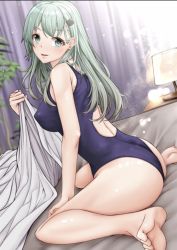 Rule 34 | 1girl, aga marino, ass, barefoot, bed, bed sheet, black one-piece swimsuit, commentary request, competition swimsuit, covered erect nipples, curtains, dated, dutch angle, feet, green eyes, green hair, hair ornament, hairclip, kantai collection, lamp, legs, long hair, one-piece swimsuit, plant, sitting, solo, suzuya (kancolle), swimsuit, wariza