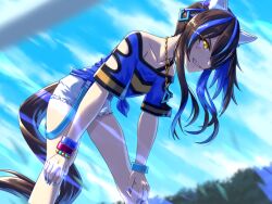 Rule 34 | 1girl, animal ears, bead bracelet, beads, blue hair, blue nails, blue shirt, bracelet, brown hair, clenched teeth, clothing cutout, cloud, colored inner hair, cutoffs, daitaku helios (umamusume), ear covers, eye trail, feet out of frame, hair over one eye, hands on own knees, horse ears, horse girl, horse tail, jewelry, leaning forward, light trail, long hair, multicolored hair, necklace, off-shoulder shirt, off shoulder, outdoors, peeta, revision, shirt, short shorts, short sleeves, shorts, smile, solo, standing, tail, teeth, two-tone hair, umamusume, white shorts, wind, wristband, yellow eyes