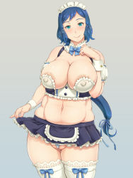 Rule 34 | 10s, 1girl, aqua eyes, areola slip, belly, blue hair, blush, breasts, cleavage, covered erect nipples, gundam, gundam build fighters, huge breasts, iori rinko, long hair, looking at viewer, mature female, navel, partially visible vulva, plump, ponytail, shikuta maru, smile, solo, standing, thick thighs, thighs