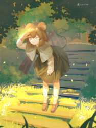 Rule 34 | 1girl, animal ears, brown footwear, bush, capelet, closed mouth, commentary, dated, day, dress, flower, full body, furahata gen, grass, grey capelet, grey dress, grey hair, hair between eyes, hand up, highres, jewelry, leaning forward, light frown, light rays, long sleeves, looking afar, mouse ears, mouse girl, mouse tail, nature, nazrin, one eye closed, outdoors, pendant, red eyes, shoes, short hair, signature, socks, solo, stairs, standing, tail, touhou, tree, white flower, white sleeves, white socks