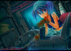 Rule 34 | 1girl, alternate costume, bare shoulders, biting, blue eyes, blue hair, dutch angle, female focus, glove biting, gloves, kawashiro nitori, machine, matching hair/eyes, mouth hold, short hair, solo, tamahana, tank top, touhou, twintails, two side up, wrench