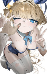Rule 34 | 1boy, 1girl, animal ears, bandaid, bandaid on cheek, bandaid on face, blonde hair, blue archive, blue eyes, blue leotard, blush, breasts, closed mouth, detached collar, dirty, double v, fake animal ears, halo, highres, leotard, long hair, long sleeves, looking at viewer, medium breasts, mitsuki3s kir, one eye closed, pink nails, pov, pov hands, shirt, sitting, sparkle, stool, thighhighs, toki (blue archive), toki (bunny) (blue archive), torn clothes, torn thighhighs, v, very long hair, white thighhighs, wrist cuffs