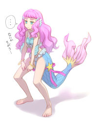 Rule 34 | ..., 1girl, :|, animal ears, barefoot, blue eyes, bracelet, closed mouth, extra legs, fins, fish tail, head fins, highres, jewelry, jitome, laura la mer, long hair, mermaid, minazuki juuzou, monster girl, pink hair, precure, simple background, solo, spoken ellipsis, squatting, tail, toes, translation request, tropical-rouge! precure, white background
