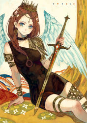 Rule 34 | 1girl, absurdres, arm support, armlet, black dress, blue eyes, bracelet, braid, closed mouth, commentary, crown, dress, feet out of frame, highres, holding, holding sword, holding weapon, jewelry, kusano shinta, looking at viewer, original, red hair, single braid, sitting, sleeveless, sleeveless dress, smile, solo, sword, thigh strap, tree, weapon, wings