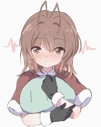 Rule 34 | 1girl, alternate costume, antenna hair, black gloves, blush, brown eyes, brown hair, capelet, clannad, closed mouth, commentary, cropped torso, dango daikazoku, english commentary, eyes visible through hair, fur-trimmed capelet, fur-trimmed gloves, fur trim, furukawa nagisa, gloves, grey background, hair between eyes, hand up, highres, holding, holding stuffed toy, looking at viewer, medium hair, nose blush, santa capelet, santa costume, shy, simple background, solo, split mouth, stuffed toy, tsunamayo (nqjdw), | |