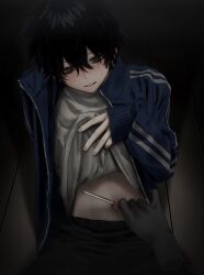 Rule 34 | 1boy, absurdres, bags under eyes, black hair, black pants, blue jacket, blush, clothes lift, disembodied hand, grey eyes, hair between eyes, highres, holding, holding knife, imai akira, jacket, knife, lifting own clothes, long sleeves, male focus, on floor, open clothes, open jacket, original, pants, shirt, shirt lift, sitting, solo, sweat, track jacket