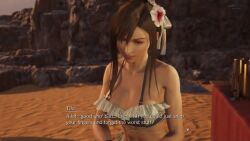 Rule 34 | animated, ass, audible speech, beach, bikini, black hair, blonde hair, breasts, cleavage, cloud strife, cocktail glass, costa del sol, cup, cutscene, drinking glass, english audio, english text, final fantasy, final fantasy vii, final fantasy vii rebirth, flower, flower on head, frilled bikini, frills, game, gameplay, green eyes, highres, legs, long legs, midriff, ocean, official alternate costume, palm tree, red eyes, ribbon, sandals, screencap, shorts, smile, sound, square enix, striped bikini, striped clothes, subtitled, swimsuit, tagme, thighs, tifa lockhart, tree, two-tone bikini, video, video game, waves