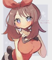 Rule 34 | 1girl, bare shoulders, blue eyes, bow, breasts, brown hair, closed mouth, creatures (company), game freak, hair bow, hand on own chest, hottomiruku, large breasts, looking at viewer, may (pokemon), nintendo, pokemon, pokemon oras, red bow, red shirt, shirt, sleeveless, sleeveless shirt, smile, solo, star (symbol), upper body