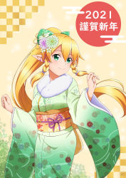 Rule 34 | 1girl, 2021, blonde hair, bow, braid, breasts, commentary request, cowboy shot, floating hair, flower, green bow, green eyes, green kimono, hair between eyes, hair flower, hair ornament, hands up, highres, japanese clothes, ken-ji, kimono, large breasts, leafa, long hair, looking at viewer, nengajou, new year, obi, pointy ears, ponytail, sash, side braid, smile, solo, standing, sword art online, translation request, twin braids