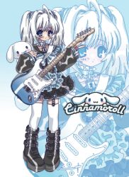 Rule 34 | 1boy, 1girl, ahoge, amnyuixx, black dress, black footwear, black sleeves, blue dress, blue eyes, blue nails, blush, boots, character name, cinnamoroll, closed mouth, creature and personification, dress, dual persona, full body, genderswap, genderswap (mtf), guitar, highres, holding, holding instrument, instrument, multicolored clothes, multicolored dress, personification, sanrio, thighhighs, twintails, v, white hair, white thighhighs