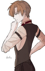 Rule 34 | 1boy, 37time, black pants, brown hair, closed mouth, collared shirt, commentary request, grey eyes, grey vest, hand on own hip, looking down, mahjong soul, male focus, pants, profile, shinomiya natsuki (mahjong soul), shirt, short hair, simple background, sleeves rolled up, solo, striped clothes, striped vest, upper body, vest, white background, white shirt