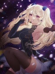 Rule 34 | 1girl, armpits, bad id, bad pixiv id, black gloves, black skirt, blonde hair, breasts, brown thighhighs, commentary, confetti, elbow gloves, fingerless gloves, gloves, hair between eyes, headset, highres, long hair, looking at viewer, original, purple eyes, risem, skirt, smile, sweat, symbol-only commentary, thighhighs, two side up, white footwear