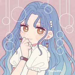 Rule 34 | 1girl, blue hair, bright pupils, brown eyes, closed mouth, earrings, emma (kumaema), hair ornament, hand to own mouth, highres, jewelry, long hair, looking at viewer, original, pink background, puffy short sleeves, puffy sleeves, ring, shirt, short sleeves, smile, solo, twitter username, upper body, watch, wavy hair, white pupils, white shirt, wristwatch