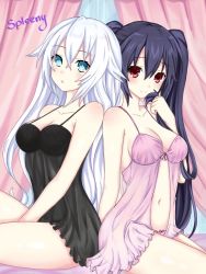Rule 34 | 2girls, aqua eyes, artist name, bare shoulders, black hair, black heart (neptunia), blush, breasts, collarbone, commentary, hair between eyes, highres, holding, holding hair, lingerie, long hair, looking at viewer, medium breasts, multiple girls, navel, neptune (series), noire (neptunia), panties, pink panties, power symbol, power symbol-shaped pupils, red eyes, shiny skin, smile, spleeny, symbol-shaped pupils, twintails, underwear, very long hair, white hair