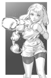 Rule 34 | 1girl, boxing, boxing gloves, boxing shorts, commentary request, fighting stance, gloves, greyscale, highres, long hair, looking at viewer, midriff, monochrome, navel, open mouth, original, punching, rggr, shorts, sketch, solo, sportswear, standing