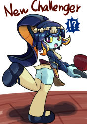 Rule 34 | !?, 1girl, apron, ass, blue skin, bowl, colored sclera, colored skin, fish girl, from behind, imeni-art, leg up, looking back, minette (skullgirls), open mouth, shell, shell hair ornament, skullgirls, thighhighs, tray, yellow sclera
