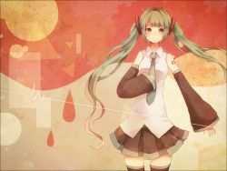 1girl bad_id bad_pixiv_id cowboy_shot detached_sleeves female_focus green_eyes green_hair hatsune_miku highres long_hair matching_hair/eyes necktie nigoru skirt solo thighhighs twintails very_long_hair vocaloid