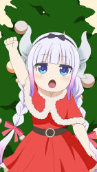 Rule 34 | 1girl, :o, absurdres, arm up, black hairband, blue eyes, blunt bangs, capelet, clenched hand, commentary, dragon girl, dragon horns, dress, fur trim, hairband, highres, horns, kanna kamui, kobayashi-san chi no maidragon, light purple hair, long hair, looking at viewer, low twintails, namagaki-san, open mouth, red capelet, red dress, santa costume, sidelocks, solo, tree, twintails