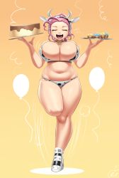 Rule 34 | 1girl, animal ears, animal print, bell, neck bell, belly, bouncing breasts, breasts, cleavage, collar, cow ears, cow horns, cow print, dessert, closed eyes, food, full body, highres, horns, huge breasts, long hair, lvl (sentrythe2310), my little pony, navel, personification, pink hair, pinkie pie, plump, smile, solo, standing, thick thighs, thighs, wide hips