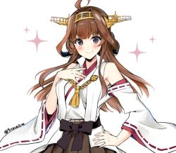 Rule 34 | 1girl, ahoge, bare shoulders, black skirt, blush, brown hair, detached sleeves, double bun, hairband, headgear, ichinomiya (blantte), japanese clothes, kantai collection, kongou (kancolle), kongou kai ni (kancolle), long hair, nontraditional miko, pleated skirt, purple eyes, ribbon-trimmed sleeves, ribbon trim, simple background, skirt, smile, solo, twitter username, upper body, white background, wide sleeves
