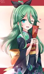 Rule 34 | 10s, 1girl, ;d, breasts, dated, floral print, flower, green eyes, green hair, hagoita, hair between eyes, hair flower, hair ornament, hair ribbon, hairclip, heart, hebitsukai-san, highres, japanese clothes, kantai collection, kimono, long hair, looking at viewer, obi, one eye closed, open mouth, paddle, ribbon, sash, smile, solo, twitter username, wide sleeves, yamakaze (kancolle)