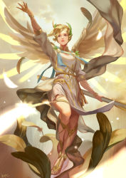 Rule 34 | 1girl, absurdres, ancient greek clothes, ankle lace-up, arm at side, artist name, bad id, bad pixiv id, blonde hair, blue eyes, blue ribbon, bracelet, breasts, chiton, cloud, cloudy sky, collar, cross-laced footwear, dress, eyelashes, feathered wings, feathers, full body, glowing, greco-roman clothes, hage2013, hand up, head wreath, headpiece, high ponytail, highres, holding, holding staff, holding weapon, jewelry, laurel crown, leaf, light smile, long sleeves, looking away, mechanical wings, mercy (overwatch), nose, official alternate costume, overwatch, overwatch 1, parted bangs, parted lips, pelvic curtain, peplos, pink lips, plant, ribbon, sandals, shoes, short dress, short hair, sky, small breasts, solo, staff, standing, teeth, toeless footwear, toenails, toes, toga, upper teeth only, weapon, white dress, white wings, winged victory mercy, wings