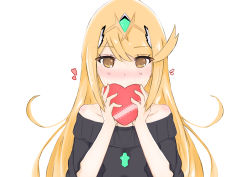 Rule 34 | 1girl, absurdres, bare shoulders, black shirt, blonde hair, blush, breasts, casual, casual suit, gem, hair ornament, headpiece, heart, highres, jewelry, large breasts, long hair, looking at viewer, mxsoundtube, mythra (xenoblade), nintendo, shirt, shy, simple background, smile, solo, swept bangs, tiara, valentine, very long hair, white background, xenoblade chronicles (series), xenoblade chronicles 2, yellow eyes