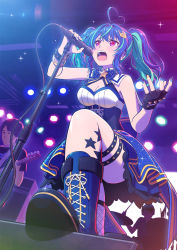 Rule 34 | 1girl, 2boys, ahoge, alive musix, amplifier, blue hair, blush, boots, bow, breasts, brooch, cleavage, cleavage cutout, clothing cutout, concert, corset, cross-laced footwear, crown hair ornament, dress, fingerless gloves, fishnet thighhighs, fishnets, from below, gloves, green hair, hair intakes, heart, heart ahoge, highres, jewelry, lace-up boots, layered dress, leg tattoo, long hair, mair (alive musix), medium breasts, microphone, microphone stand, multicolored hair, multiple boys, multiple bracelets, music, nail polish, open mouth, pink eyes, shiwasu takashi, singing, single fingerless glove, single fishnet legwear, sleeveless, sleeveless dress, solo focus, sparkle, stage lights, star ornament, star tattoo, streaked hair, studded bracelet, studded thigh strap, tattoo, thigh strap, thighhighs, twintails, virtual youtuber