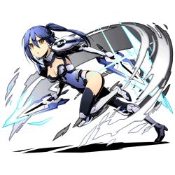 Rule 34 | 10s, 1girl, alpha transparency, black legwear, blue hair, blue leotard, boots, bow, breasts, brown eyes, cleavage, covered navel, date a live, divine gate, from side, full body, gloves, groin, hair between eyes, hair bow, high heel boots, high heels, leg up, leotard, long hair, looking at viewer, mecha musume, medium breasts, mole, mole under eye, official art, parted lips, ponytail, runing, shadow, solo, takamiya mana, transparent background, ucmm, white gloves