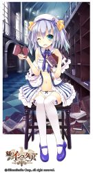 Rule 34 | 1girl, age of ishtaria, blue eyes, book, bookshelf, bra, character request, copyright name, copyright notice, dress, hat, highres, long hair, mary janes, navel, off shoulder, one eye closed, open clothes, open dress, open mouth, panties, ribbon, saeki touma, shoes, silver hair, sitting, solo, stool, tears, thighhighs, training bra, twintails, two side up, underwear