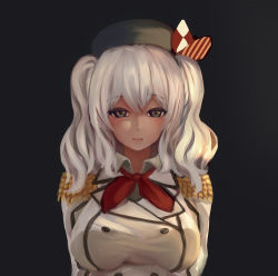 Rule 34 | 10s, 1girl, bad id, bad pixiv id, blush, breasts, epaulettes, female focus, green eyes, grey background, grey hair, hat, kantai collection, kashima (kancolle), large breasts, light smile, long hair, looking at viewer, military, military uniform, ru03s06, simple background, solo, twintails, uniform, upper body, wavy hair