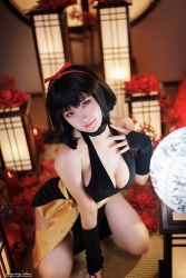 Rule 34 | 1girl, absurdres, all fours, arm support, bare legs, bare shoulders, black hair, blush, breasts, cleavage, cosplay, dress, hairband, highres, inuyasha, lips, looking at viewer, medium breasts, model request, no bra, photo (medium), red eyes, revealing clothes, sakasagami no yura, sakasagami no yura (cosplay), short dress, smile, sword, weapon, wide hips