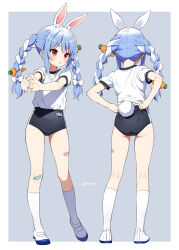 1girl :o adjusting_buruma adjusting_clothes animal_ear_fluff animal_ears ass bandaid bandaid_on_knee bandaid_on_leg black_buruma blue_hair blush bow buruma carrot_hair_ornament clothing_cutout commentary food-themed_hair_ornament grey_background gym_shirt gym_uniform hair_bow hair_ornament hololive interlocked_fingers long_hair mauve multicolored_hair multiple_views parted_lips puffy_short_sleeves puffy_sleeves rabbit_ears rabbit_girl rabbit_tail red_eyes shirt short_eyebrows short_sleeves standing stretching tail tail_through_clothes thick_eyebrows twintails twitter_username two-tone_background two-tone_hair usada_pekora virtual_youtuber white_background white_bow white_hair white_shirt