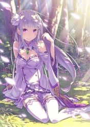 Rule 34 | 10s, 1girl, arm support, breasts, cleavage, dappled sunlight, day, detached sleeves, emilia (re:zero), floating hair, flower, forest, hair flower, hair ornament, hair ribbon, highres, long hair, looking at viewer, md5 mismatch, medium breasts, miniskirt, nature, outdoors, pleated skirt, pointy ears, purple eyes, purple ribbon, re:zero kara hajimeru isekai seikatsu, ribbon, silver hair, sitting, skirt, smile, solo, sunlight, thighhighs, tree, very long hair, white flower, white skirt, white thighhighs