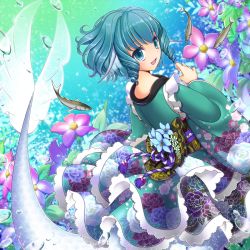 Rule 34 | 1girl, blue eyes, blue hair, bubble, fins, fish, floral print, hayabusa koi, head fins, highres, japanese clothes, kimono, long sleeves, looking at viewer, matching hair/eyes, mermaid, monster girl, obi, open mouth, sash, smile, solo, touhou, underwater, wakasagihime, wide sleeves