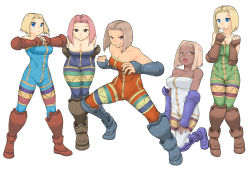 Rule 34 | 5girls, alternate color, arms behind back, bandages, bare shoulders, bent over, blonde hair, blue eyes, blush, bodysuit, boots, breasts, breasts squeezed together, brown eyes, brown hair, bursting breasts, cleavage, dark-skinned female, dark skin, female focus, fighting stance, final fantasy, final fantasy tactics, frown, gauntlets, gloves, grin, groin, hip focus, kneeling, large breasts, leaning forward, monk, monk (fft), multiple girls, multiple persona, nervous, open mouth, pigeon-toed, pink hair, purple eyes, short hair, simple background, skin tight, smile, standing, sweatdrop, tsukudani (coke-buta), unitard, white background, wide hips, yellow eyes