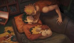 Rule 34 | 2boys, absurdres, bakugou katsuki, bare arms, bare shoulders, bent over, blonde hair, bnahzub, boku no hero academia, book, bookshelf, bottle, bottle cap, boxers, character name, character pillow, chinese commentary, closed eyes, closed mouth, clothes on floor, unworn clothes, couch, covered eyes, drawer, drawstring, dutch angle, empty bottle, face-to-face, fingernails, freckles, from above, graffiti, green hair, hand on another&#039;s chin, highres, hood, hood down, hoodie, indoors, jewelry, knee up, long sleeves, lying, male focus, male underwear, midoriya izuku, multiple boys, necklace, hugging object, object request, official alternate costume, on back, on couch, orange hoodie, orange tank top, outstretched arms, parted lips, pillow, pillow hug, profile, record, shadow, short hair, sleeping, sleeveless, speaker, spiked hair, standing, star (symbol), star print, sticker, tank top, underwear, wooden floor, yaoi, yellow male underwear