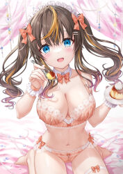 1girl :d bare_shoulders barefoot beads bed_sheet blue_eyes bow bow_bra bow_panties bowtie bra breasts brown_hair cleavage collar collarbone cowboy_shot cupcake curly_hair detached_collar drill_hair eyelashes floral_print food frilled_wrist_cuffs frills gem hair_between_eyes hair_bow hair_ornament hairclip hands_up highres holding holding_plate holding_spoon incoming_food jewelry kyariko lace lace-trimmed_bra lace_trim large_breasts light_blush long_hair looking_at_viewer maid_headdress multicolored_hair navel open_mouth orange_bra orange_hair orange_panties orange_wrist_cuffs original panties plate red_bow red_bowtie sidelocks sitting smile solo spoon straight-on streaked_hair thigh_bow thigh_strap twintails two-tone_hair underwear underwear_only wariza white_collar wrist_cuffs