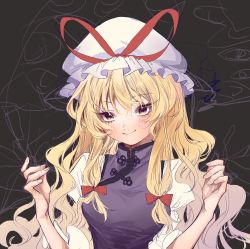 Rule 34 | 1girl, 80isiiii, blonde hair, blush, bow, breasts, closed mouth, fingernails, grey background, hair between eyes, hair bow, hair ribbon, hands up, hat, hat ribbon, highres, large breasts, long hair, looking at viewer, mob cap, red bow, red ribbon, ribbon, simple background, smile, solo, tabard, touhou, tress ribbon, upper body, wavy hair, white hat, yakumo yukari, yellow eyes