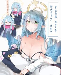 Rule 34 | 1girl, 2024, absurdres, blue archive, blue hair, blue wings, blush, breasts, cleavage, closed eyes, closed mouth, collarbone, feathered wings, green eyes, halo, happy new year, highres, large breasts, long hair, long sleeves, looking up, mine (blue archive), multiple views, new year, open mouth, pink scarf, pointy ears, scarf, stuffed animal, stuffed cat, stuffed toy, unli free, wings, yellow halo