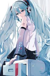 Rule 34 | 1girl, arm tattoo, bare shoulders, black skirt, black sleeves, blouse, blue eyes, blue hair, blue nails, closed mouth, commentary, detached sleeves, hatsune miku, hatsune miku (nt), headphones, highres, layered sleeves, long hair, long sleeves, looking at viewer, looking back, nail polish, number tattoo, see-through, see-through sleeves, shirt, sidelocks, sitting, skirt, smile, solo, tattoo, twintails, very long hair, vocaloid, white shirt, white sleeves