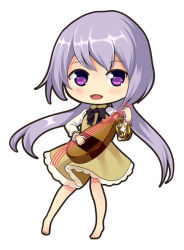 Rule 34 | 1girl, bad id, bad pixiv id, barefoot, brown dress, chain, chibi, dress, full body, instrument, legs, long sleeves, looking at viewer, lute (instrument), ookashippo, open mouth, outline, purple eyes, purple hair, shirt, short hair, simple background, smile, solo, split ponytail, touhou, tsukumo benben, white background, white shirt