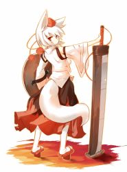 Rule 34 | 1girl, animal ears, detached sleeves, female focus, from behind, geta, hat, huge weapon, inubashiri momiji, looking at viewer, maszom, nijou katame, planted, planted sword, planted weapon, red eyes, shield, short hair, silver hair, solo, standing, sword, tail, thighhighs, tokin hat, touhou, weapon, white thighhighs, wide sleeves, wolf ears, wolf tail