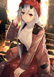 Rule 34 | 1girl, akami fumio, bag, beanie, bench, blush, bow, braid, breasts, brown jacket, closed mouth, commentary request, fake horns, fate/grand order, fate (series), hair between eyes, hair bow, hand up, handbag, hat, highres, horned headwear, horns, jacket, jewelry, long hair, long sleeves, medium breasts, on bench, open clothes, open jacket, park bench, pleated skirt, red bow, red eyes, red hat, red skirt, ring, shirt, silver hair, single braid, sitting, skirt, smile, solo, tomoe gozen (fate), tree, very long hair, white shirt
