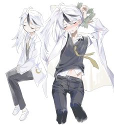 Rule 34 | 1boy, arms up, black hair, black pants, blush, bound, bound wrists, closed mouth, coat, cropped legs, hair between eyes, highres, korean commentary, lab coat, library of ruina, long hair, male focus, maratang, multicolored hair, multiple views, navel, necktie, open clothes, open coat, pants, parted lips, project moon, simple background, sitting, streaked hair, sweat, sweater vest, trap, white background, white hair, yan vismok, yellow necktie