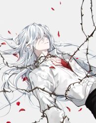 Rule 34 | 1boy, bishounen, closed eyes, closed mouth, collared shirt, falling petals, i became a god in a horror game, long hair, lying, male focus, multiple boys, petals, shirt, solo, tavel, thorns, upper body, very long hair, white hair, white shirt, zaphylla