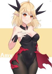 Rule 34 | 1girl, ahoge, bare shoulders, black leotard, black pantyhose, blonde hair, blush, breasts, character name, cleavage, closed mouth, collarbone, copyright request, covered navel, cowboy shot, detached collar, elf, fang, fang out, hair ornament, highleg, highleg leotard, highres, leotard, looking at viewer, md5 mismatch, medium breasts, orange eyes, pantyhose, pointy ears, resolution mismatch, short hair, smile, solo, source larger, strapless, strapless leotard, torn clothes, two-tone background, wrist cuffs, ying jing meng