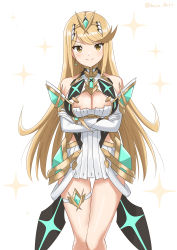 Rule 34 | 1girl, absurdres, bare legs, bare shoulders, blonde hair, breasts, chest jewel, cleavage, cleavage cutout, clothing cutout, crossed arms, dress, earrings, elbow gloves, gloves, highres, jewelry, large breasts, legs, long hair, mythra (xenoblade), ryochan96154, short dress, smile, solo, swept bangs, thigh strap, tiara, very long hair, white dress, white gloves, xenoblade chronicles (series), xenoblade chronicles 2, yellow eyes