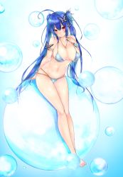 Rule 34 | 1girl, arm at side, armlet, bare legs, barefoot, bikini, blue background, blue hair, blush, breasts, bubble, butterfly hair ornament, cleavage, collarbone, commentary request, earrings, frofrofrost, full body, gradient background, hair ornament, hand on own chest, head tilt, highres, jewelry, large breasts, long hair, looking at viewer, navel, necklace, original, pink eyes, scrunchie, sitting, solo, stomach, string bikini, swimsuit, tareme, twintails, very long hair, wrist scrunchie